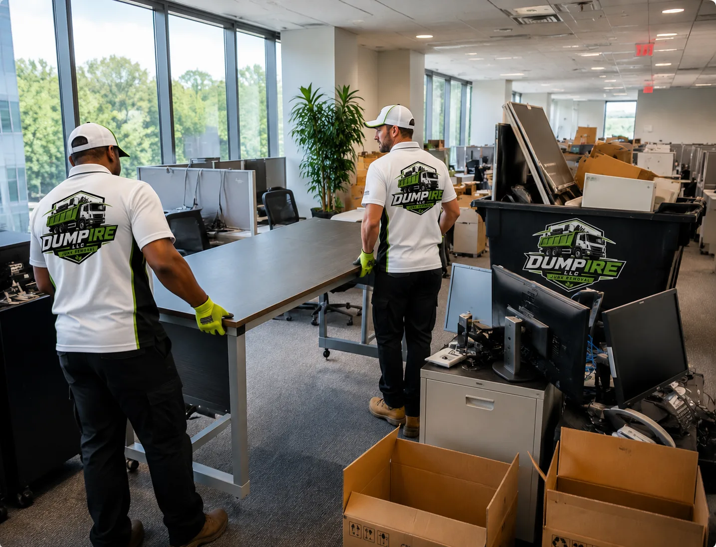 Dumpire LLC commercial cleanout team removing office furniture, electronics, and workplace equipment during a professional business junk removal service.