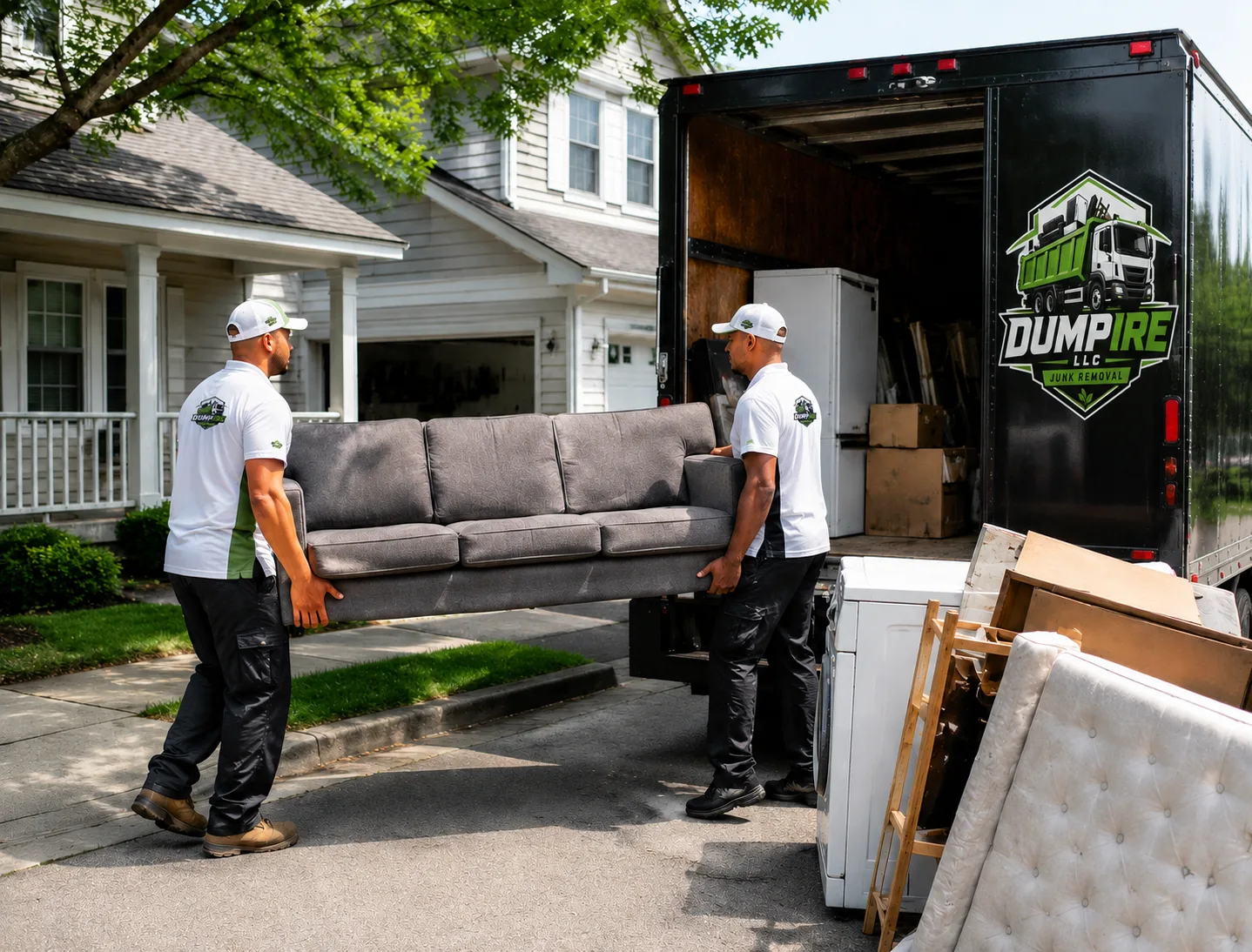 Dumpire LLC residential junk removal team hauling furniture and household items during a same-day home cleanup service in the DMV area.