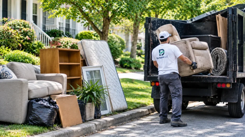Dumpire LLC worker loading bulky furniture and household items into a truck during a residential curbside cleanup in Arlington County