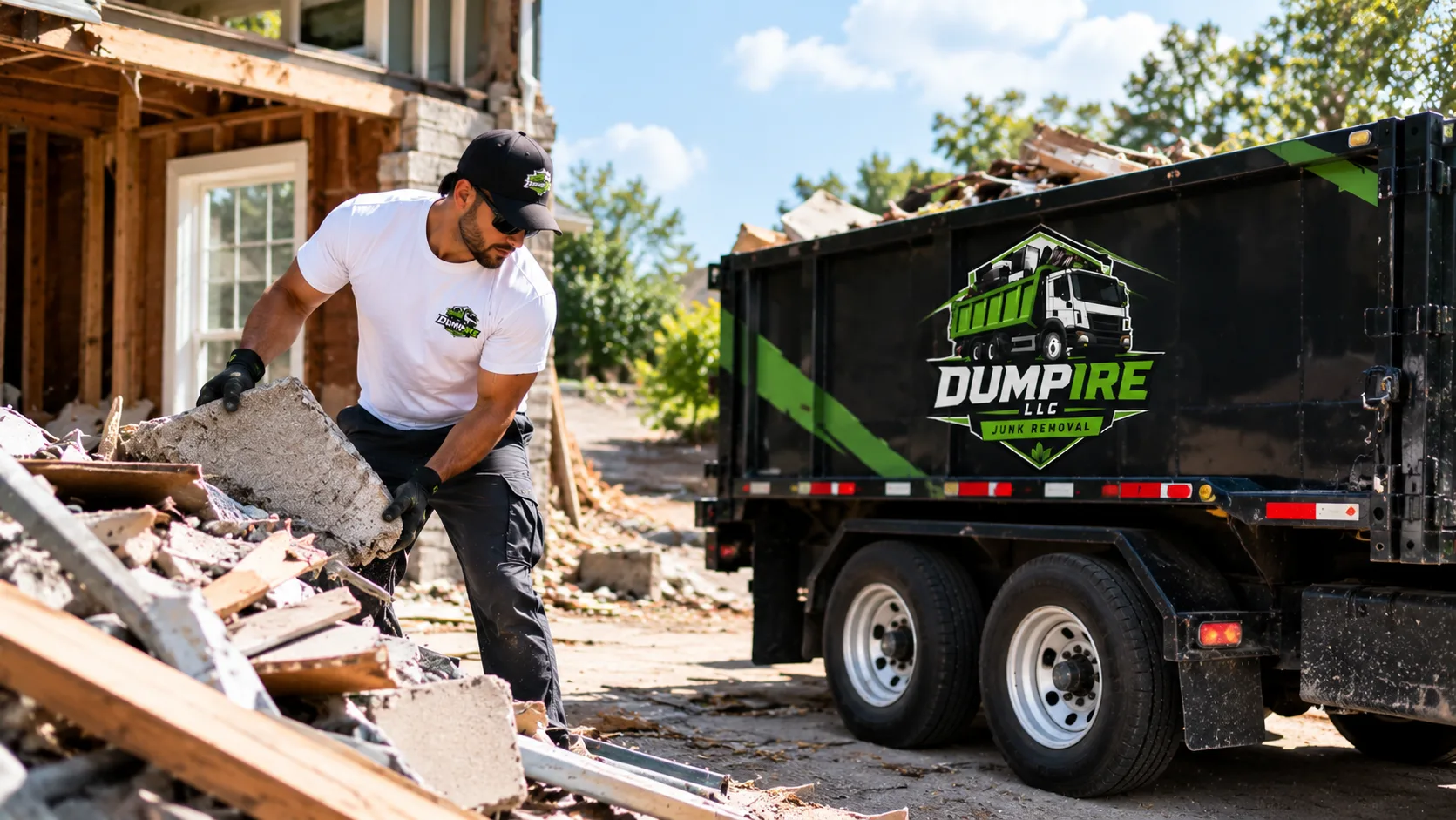 Construction debris removal in McLean VA with Dumpire LLC worker loading concrete and building debris into a junk removal trailer