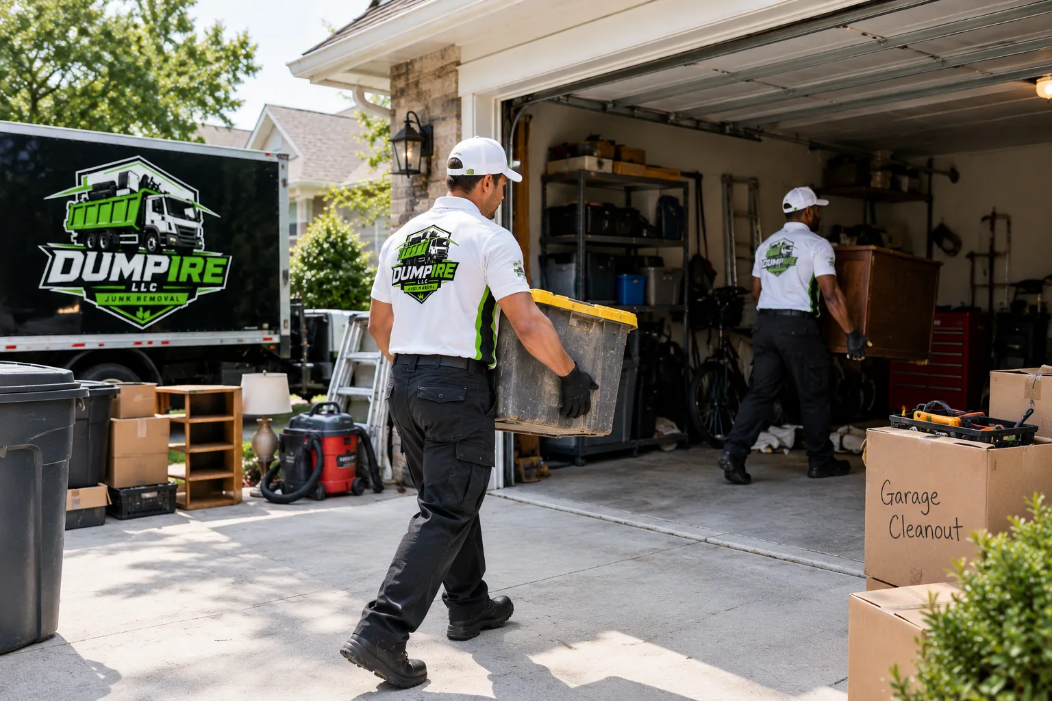 Dumpire LLC junk removal team clearing out a residential garage