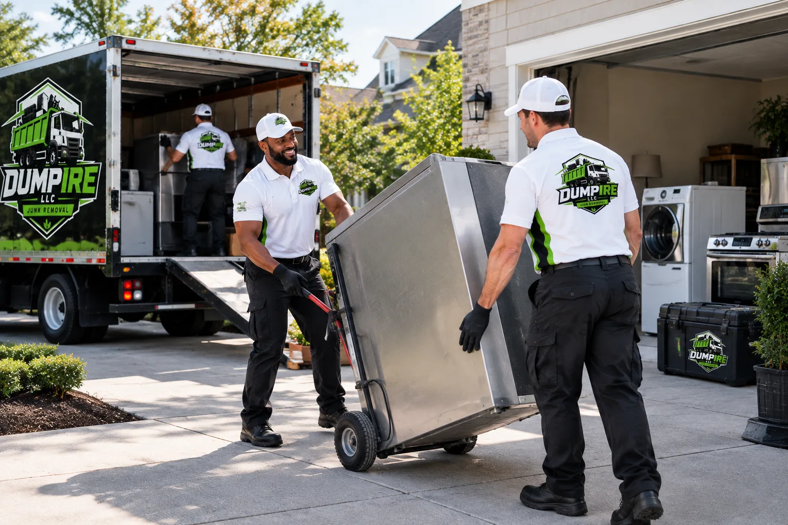 Dumpire LLC junk removal team removing a large appliance from a home