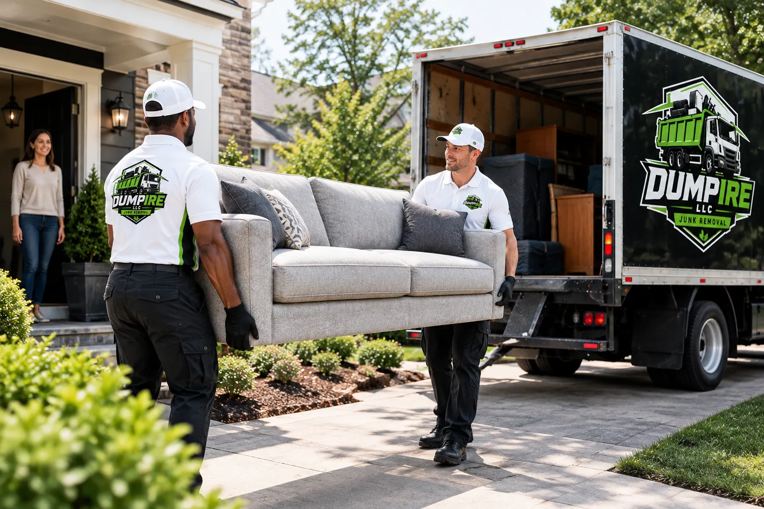 Dumpire LLC junk removal team carrying a couch to a junk removal truck