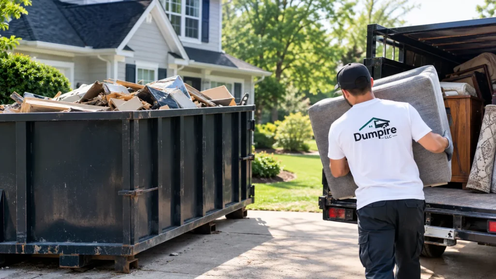 Dumpster rental vs junk removal service with a worker loading bulky items into a truck in Northern Virginia
