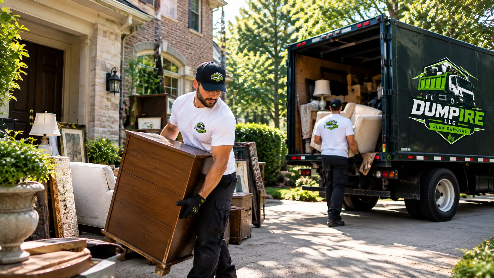 Estate cleanout service in McLean VA with Dumpire LLC workers removing furniture and household items from a home