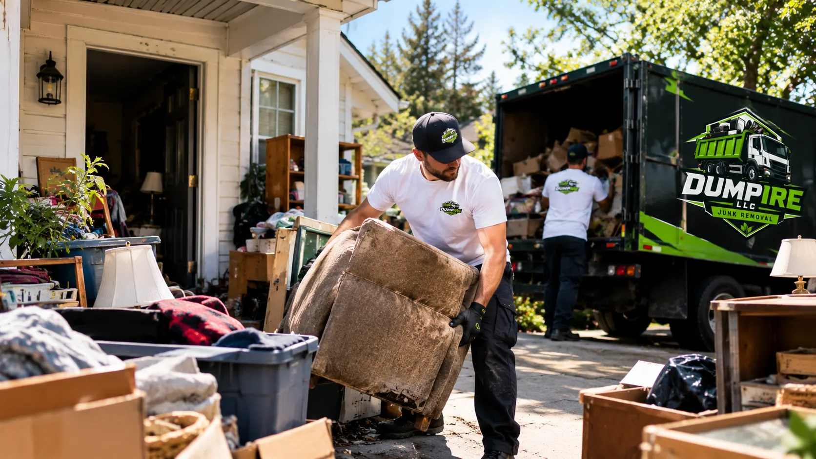 Hoarding cleanout service in McLean VA with Dumpire LLC workers loading furniture and debris into a junk removal truck