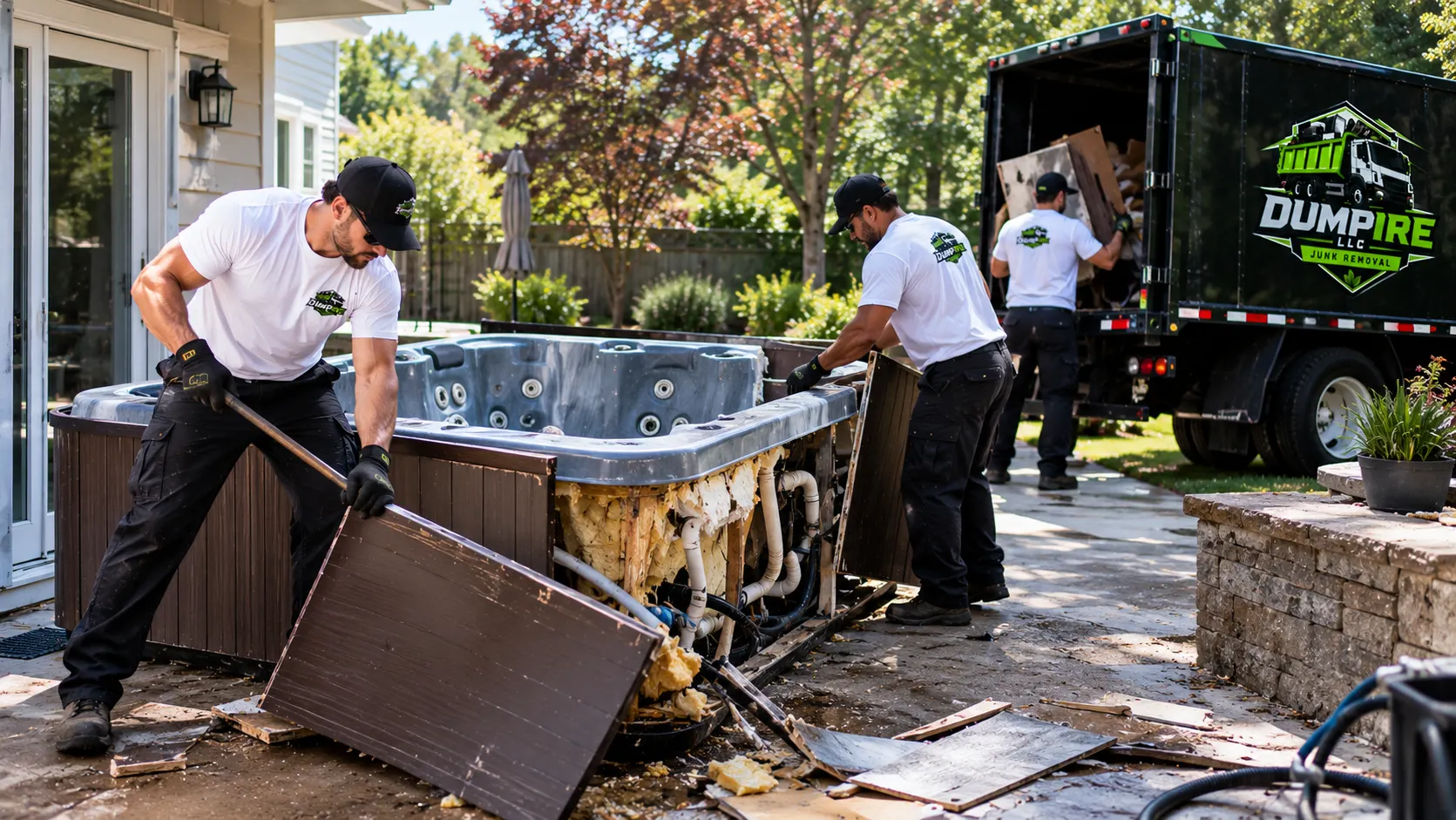 Hot tub removal service in McLean VA with Dumpire LLC workers dismantling and removing an old hot tub