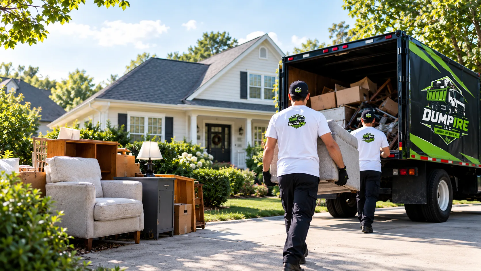 House cleanout service in McLean VA with Dumpire LLC workers removing furniture and household items