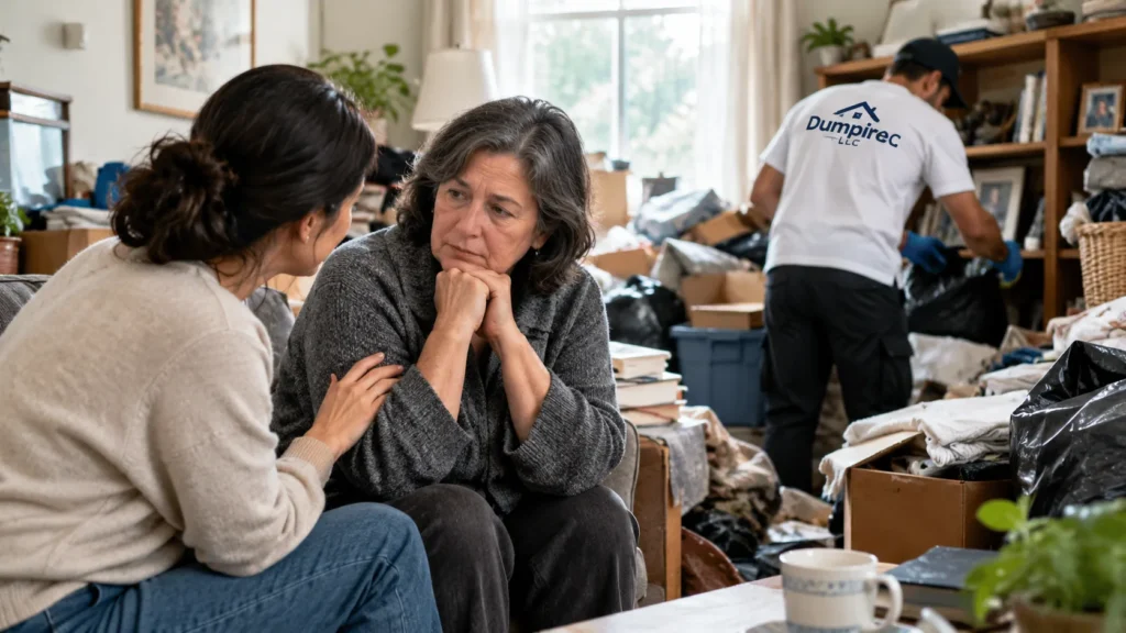 Family member supporting a loved one with hoarding while a professional cleanout worker organizes clutter