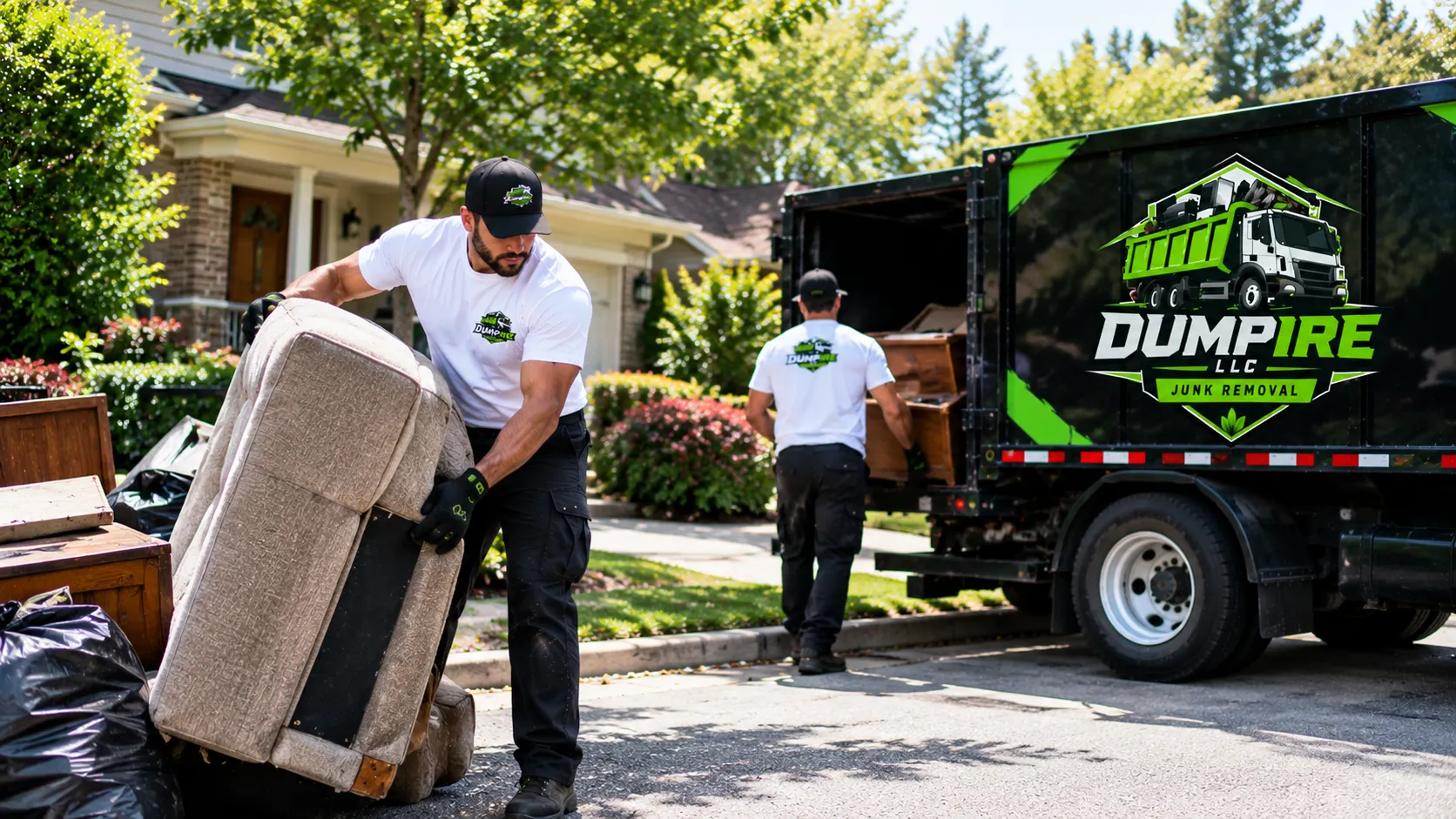 DUMPIRE LLC workers removing bulky furniture during a junk removal service