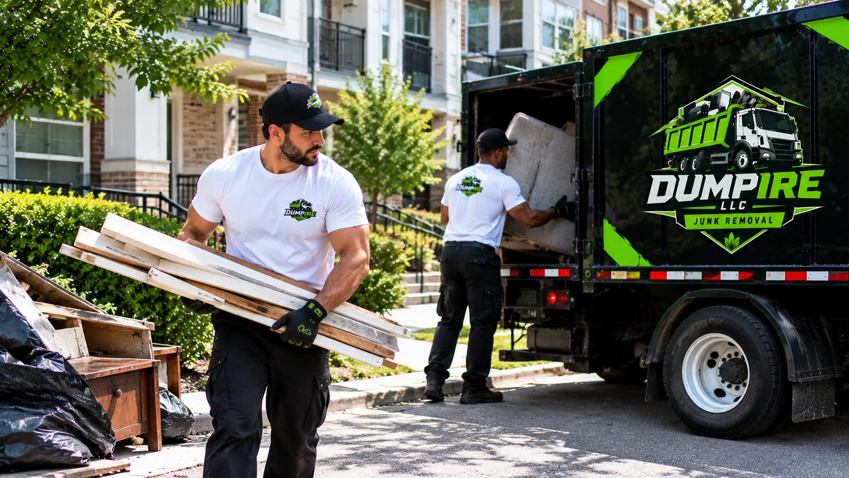 DUMPIRE LLC workers loading furniture and household debris during a junk removal service