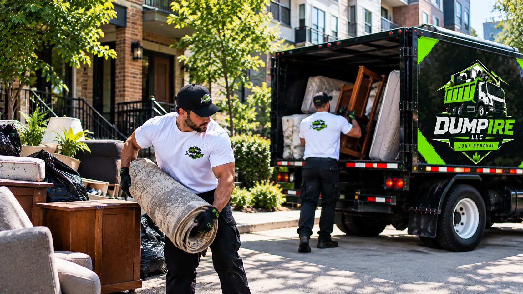 DUMPIRE LLC workers removing furniture and household debris during a junk removal service