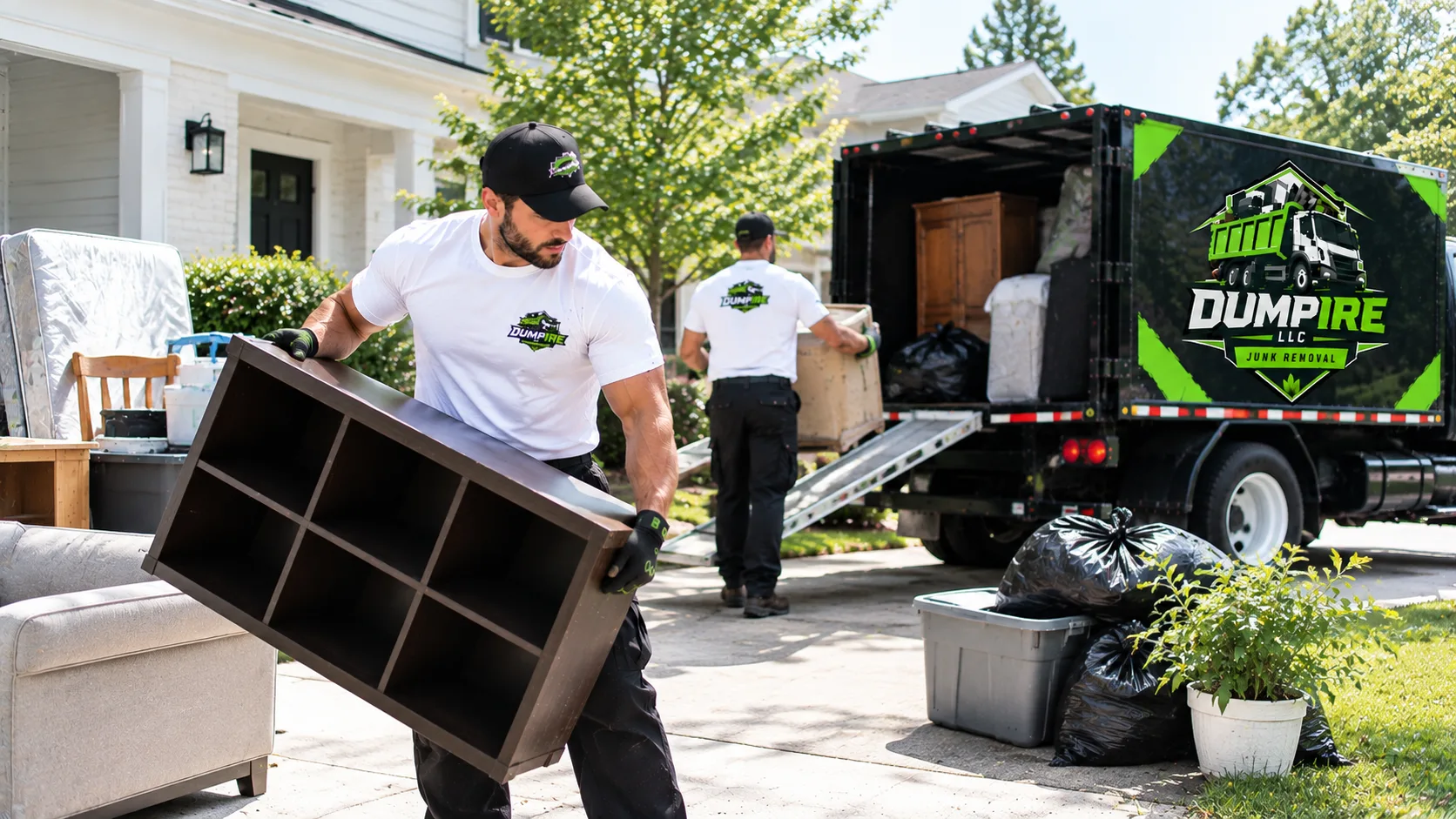 DUMPIRE LLC workers removing household furniture and debris during a junk removal service