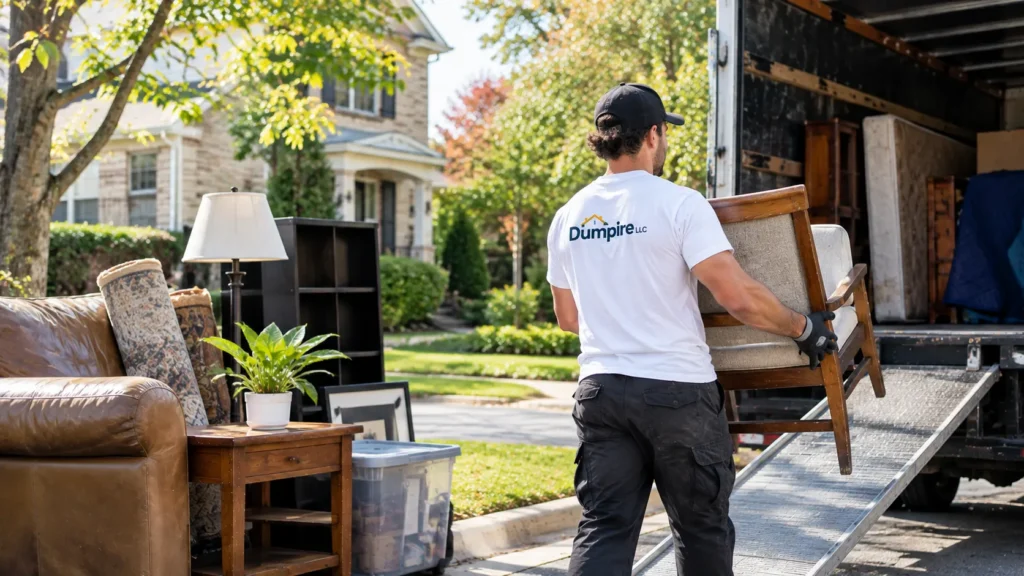 Dumpire LLC worker loading old furniture onto a junk removal truck at a suburban home in McLean, VA