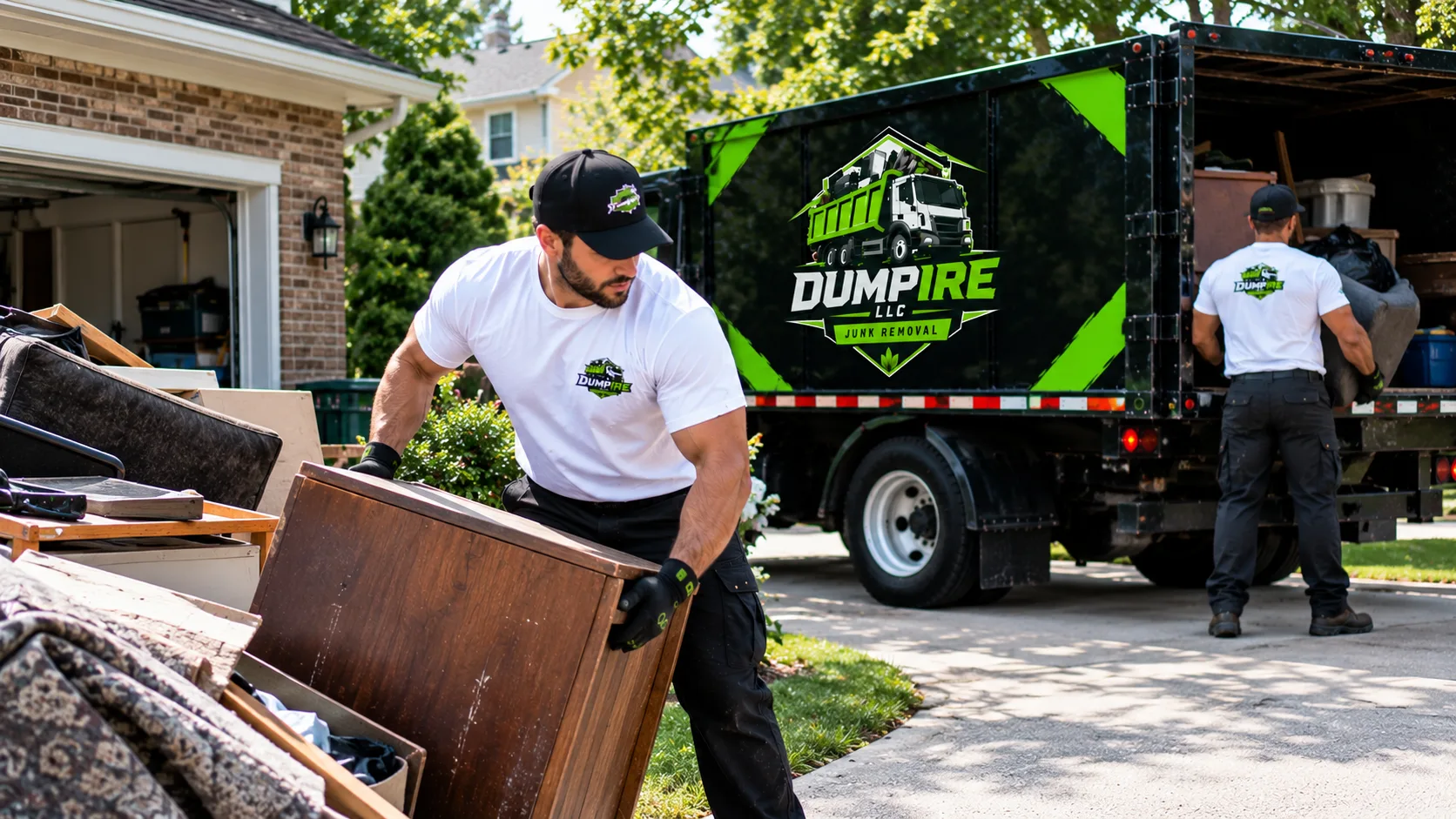 DUMPIRE LLC workers removing furniture and household debris during a junk removal service