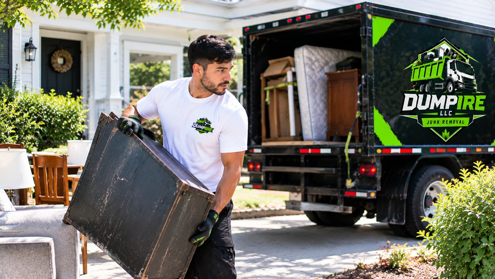 DUMPIRE LLC worker removing bulky furniture during a residential junk removal service