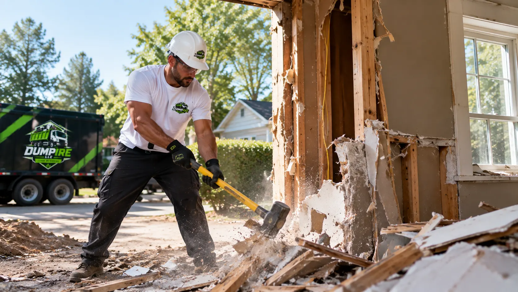 Light demolition service in McLean VA with Dumpire LLC worker removing drywall and interior wall materials