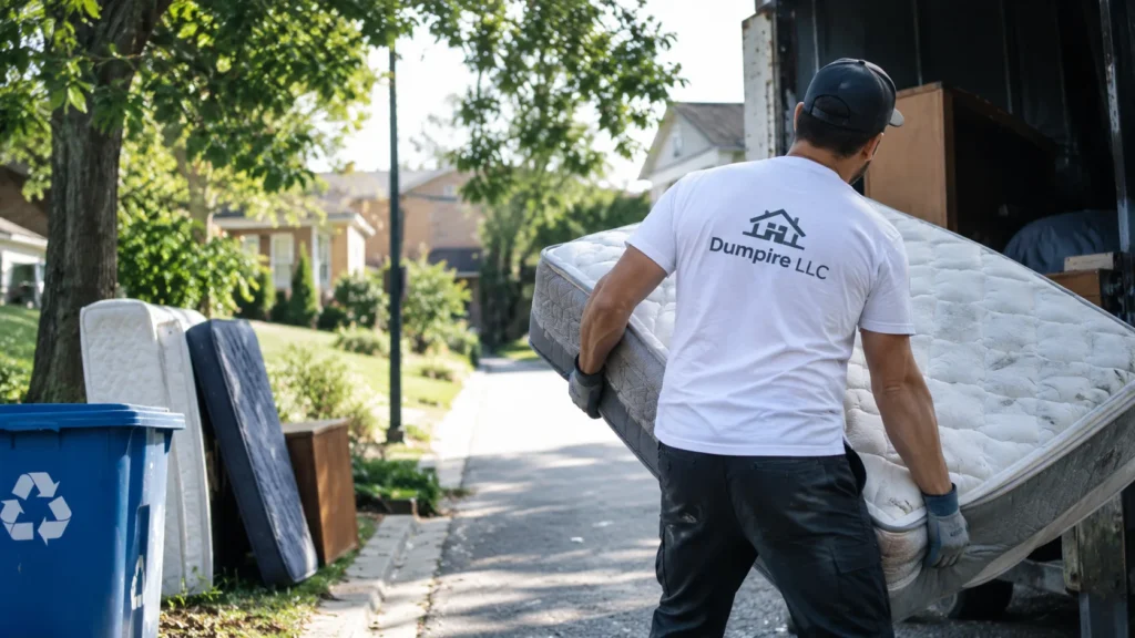 Dumpire LLC worker loading a mattress into a truck for recycling pickup in Alexandria, VA