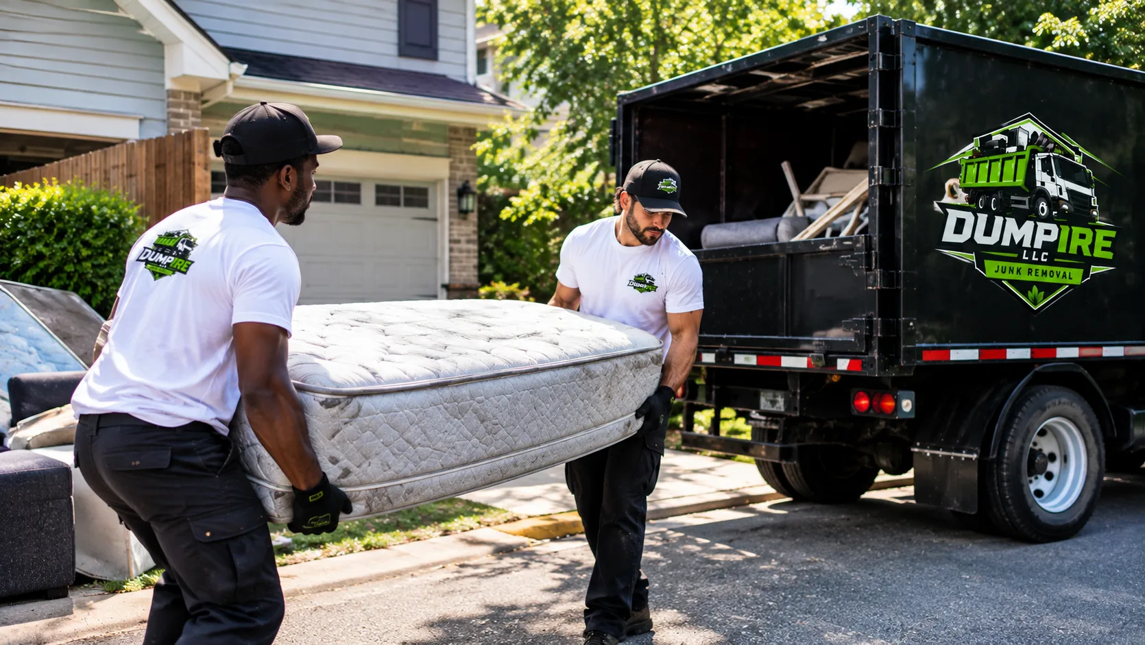 DUMPIRE LLC workers removing a mattress from a suburban driveway in McLean, VA