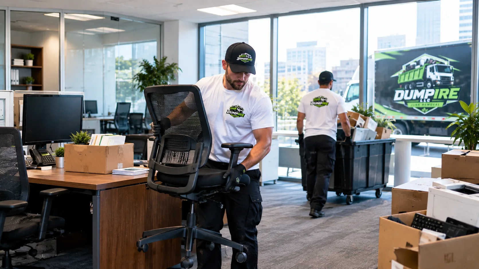 Office cleanout service in McLean VA with Dumpire LLC workers removing office furniture, chairs, computers, and boxes