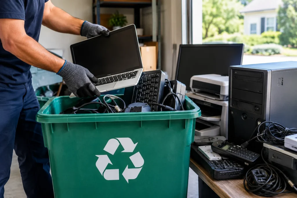 Old electronics and e-waste being sorted for responsible disposal during a cleanout in Fairfax County by Dumpire LLC