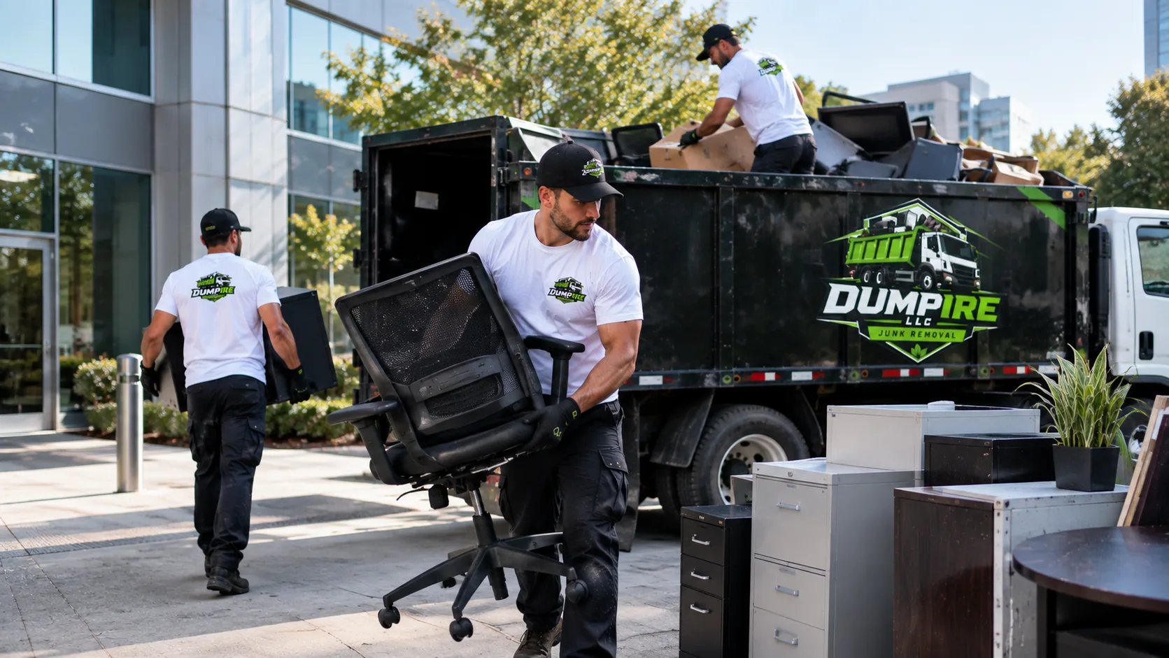 Commercial junk removal service in McLean VA with Dumpire LLC workers removing office furniture and equipment