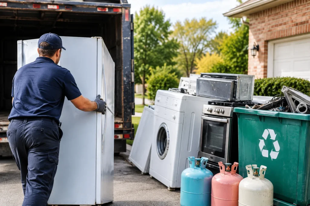 Appliance disposal in Fairfax County showing refrigerator removal, Freon handling, appliance recycling, and restricted items