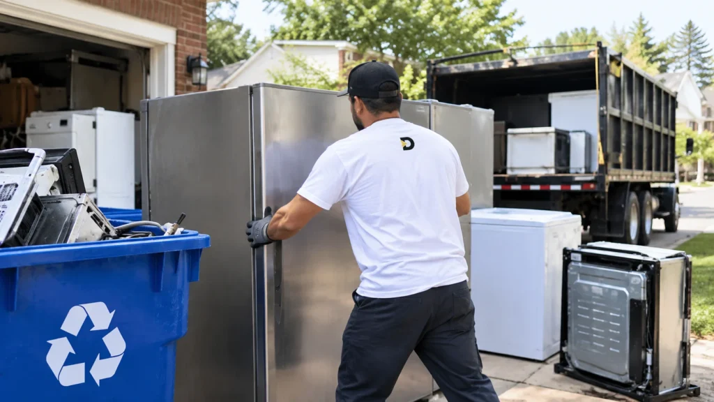 Appliance recycling options near Woodbridge, VA with a worker moving an old refrigerator alongside other appliances for recycling and responsible disposal.