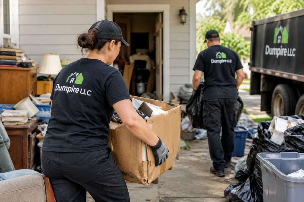 Dumpire LLC cleanup professionals carefully removing clutter and unwanted items from a residential property during a compassionate hoarding cleanup in Woodbridge, Virginia.