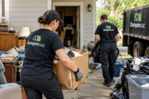 Dumpire LLC cleanup professionals carefully removing clutter and unwanted items from a residential property during a compassionate hoarding cleanup in Woodbridge, Virginia.