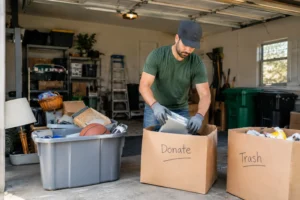 A man sorting household items into donate and trash boxes during a garage cleanout in Fairfax County for special pickup day, with Dumpire LLC.