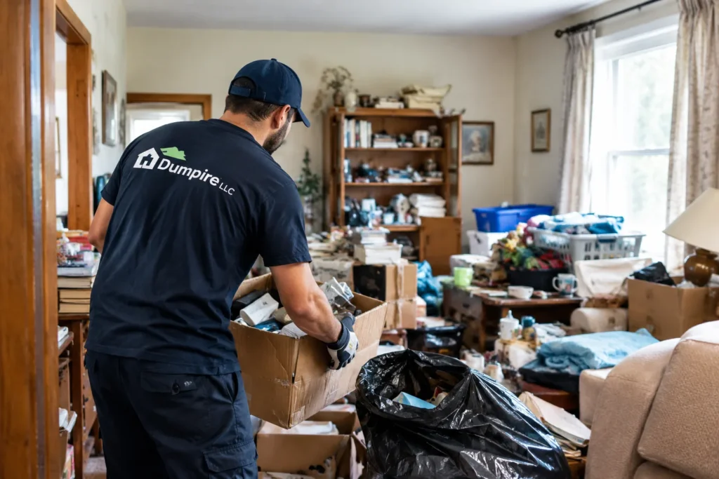 Dumpire LLC cleanup professional sorting household belongings and boxes during a hoarder cleanout in Manassas, VA.